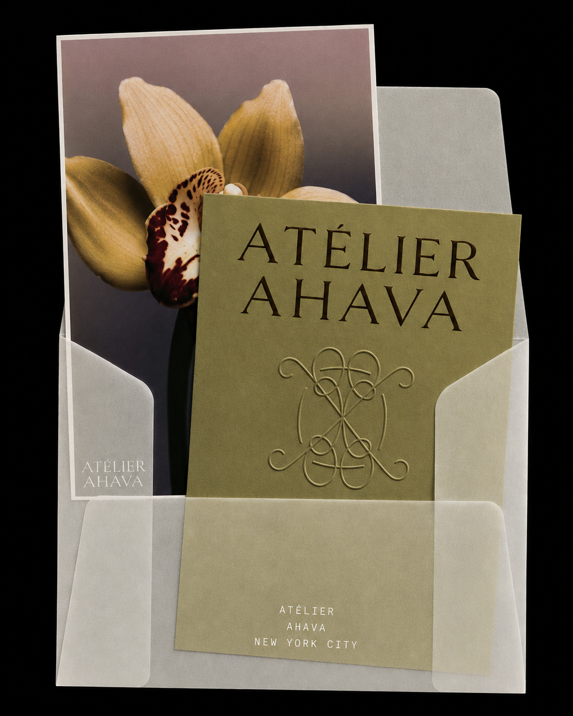 Atelier Ahava envelope and letterhead mockup