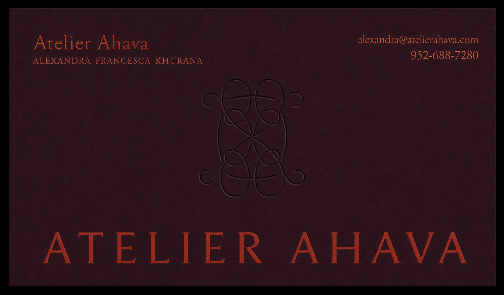 Atelier Ahava business card, burgundy colorway