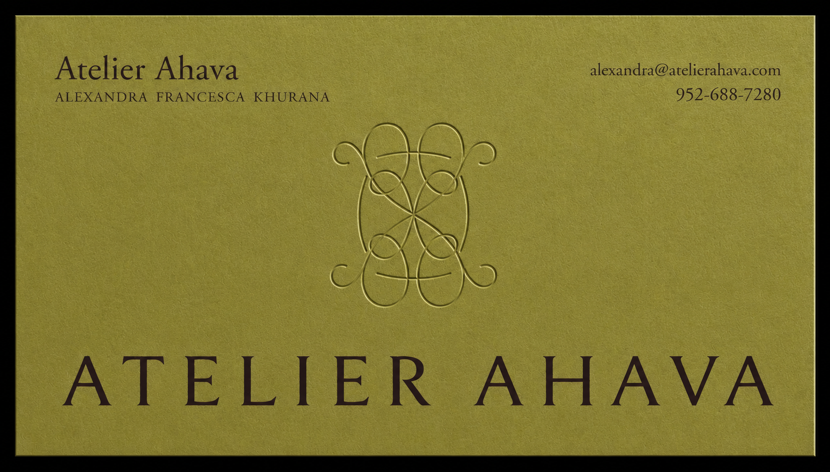 Atelier Ahava business card, olive colorway