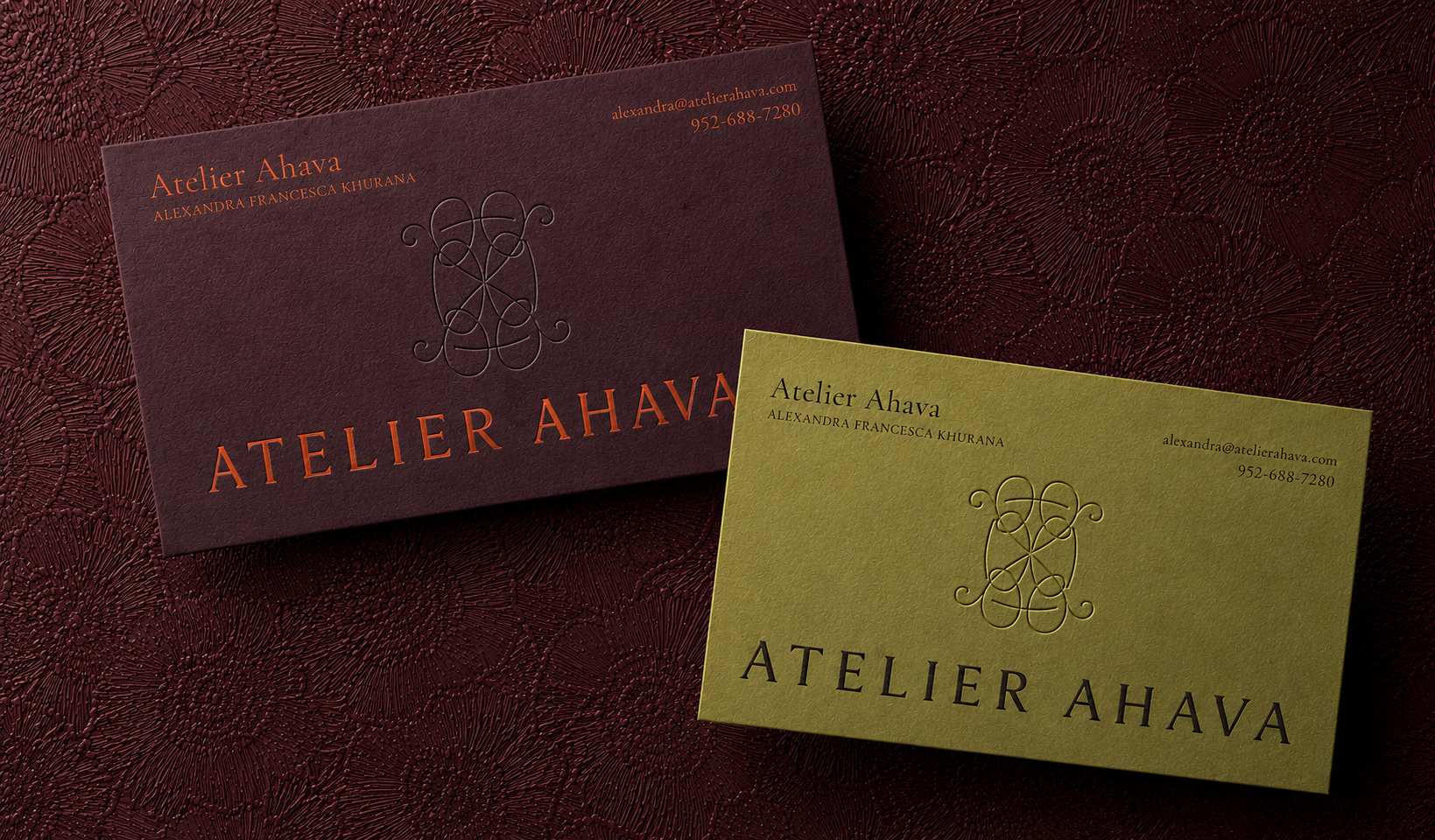 Atelier Ahava business cards in burgundy and olive colorways