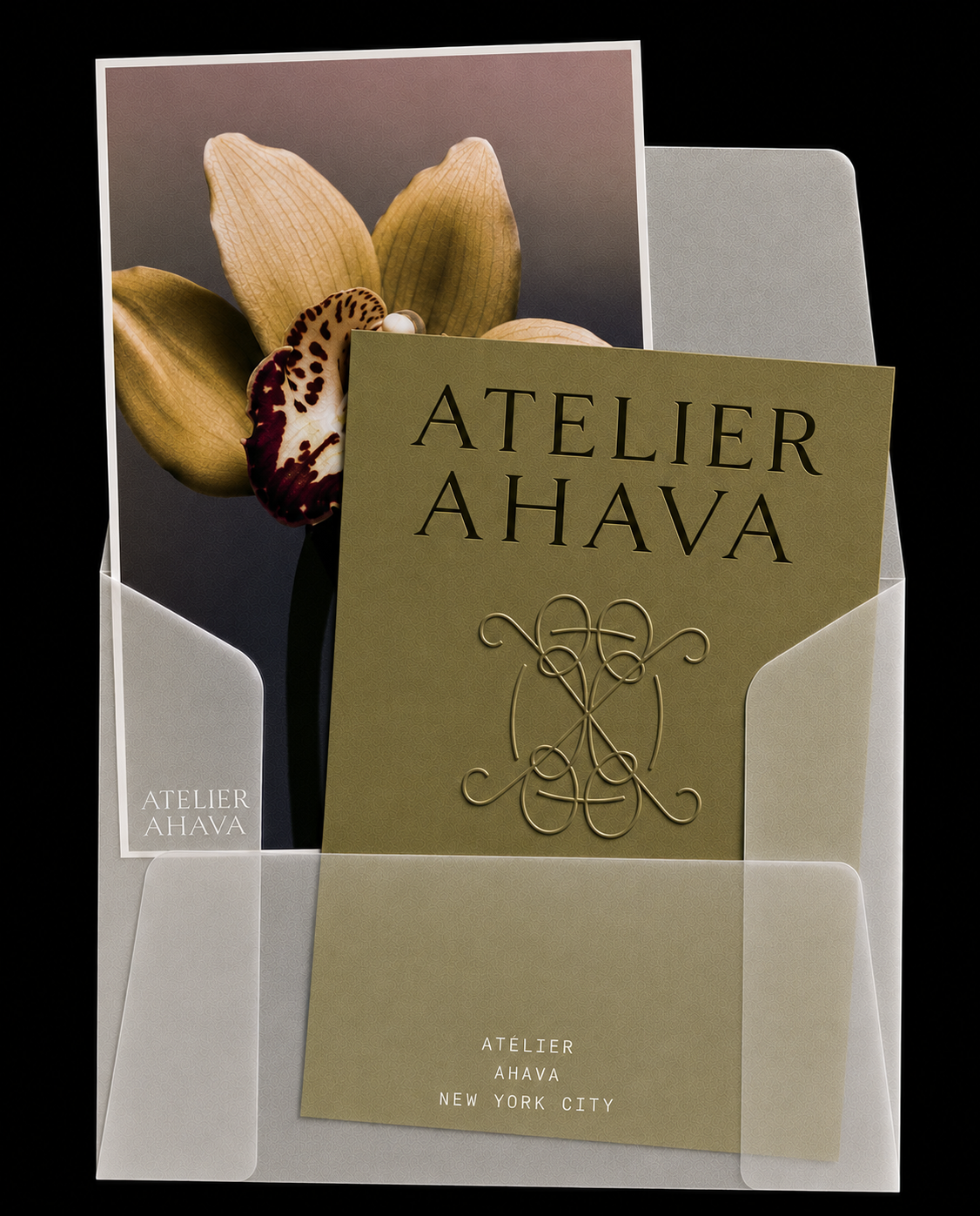 Atelier Ahava vellum envelope with orchid notecard and olive stationery