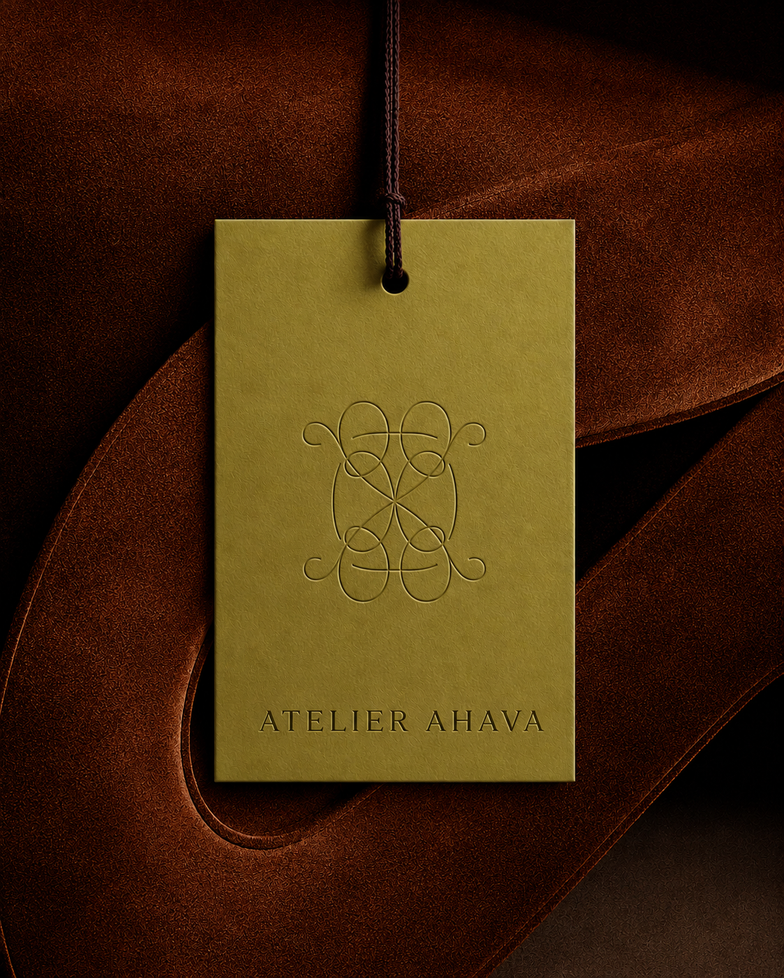 Atelier Ahava olive hang tag on rust suede