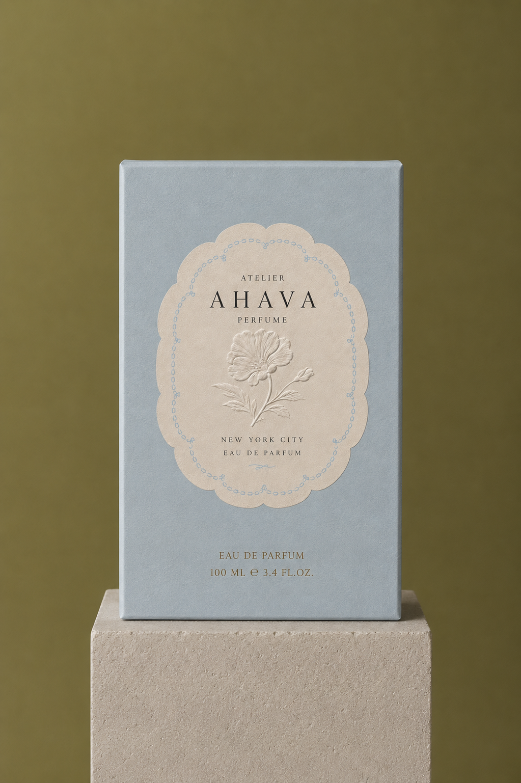 Atelier Ahava Perfume packaging box, powder blue