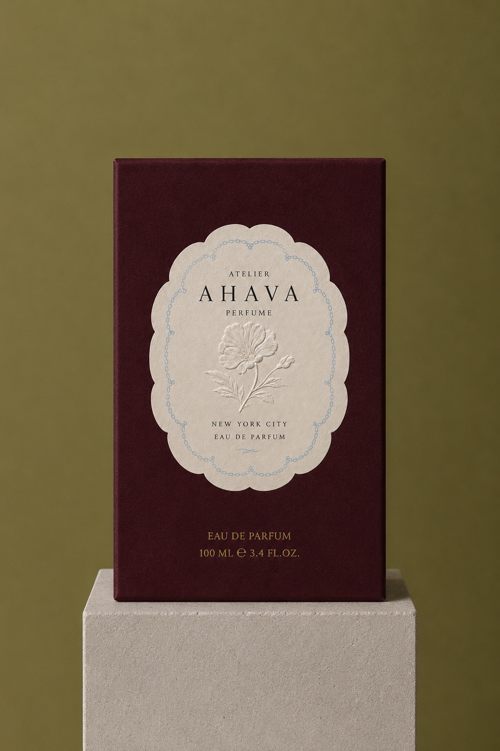 Atelier Ahava Perfume packaging box, burgundy