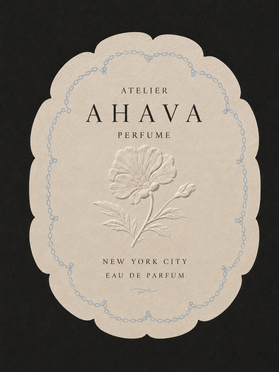 Atelier Ahava Perfume label, embossed detail