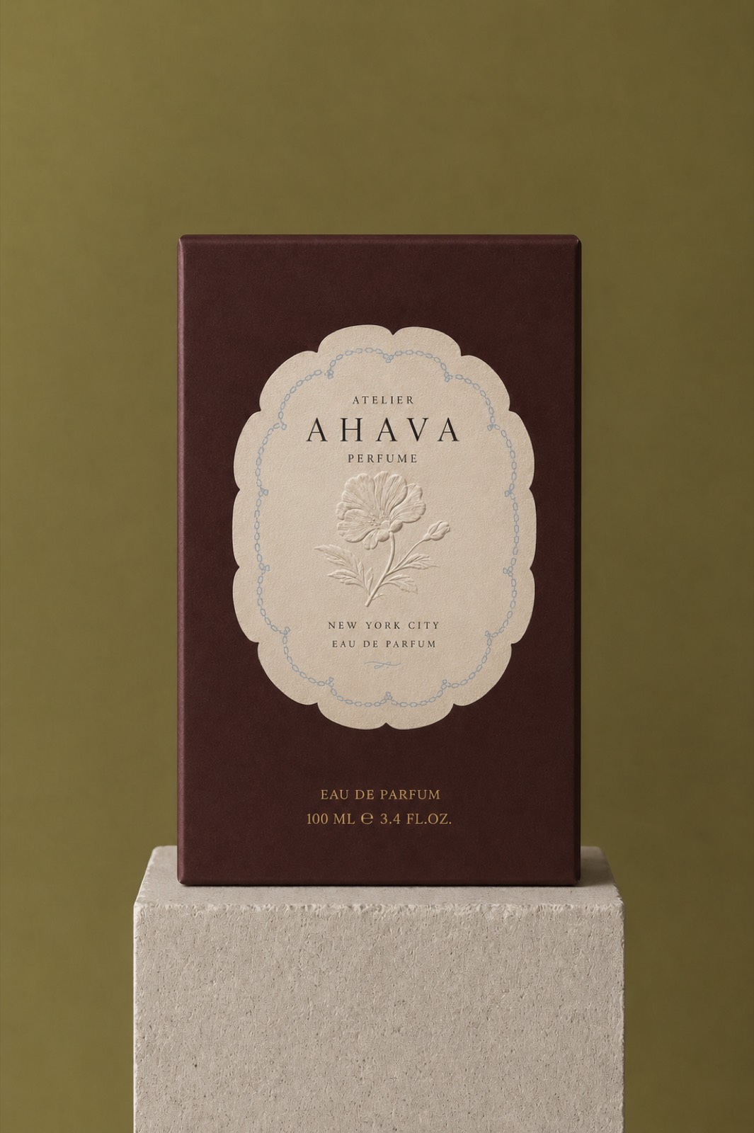 Atelier Ahava Perfume packaging box, burgundy