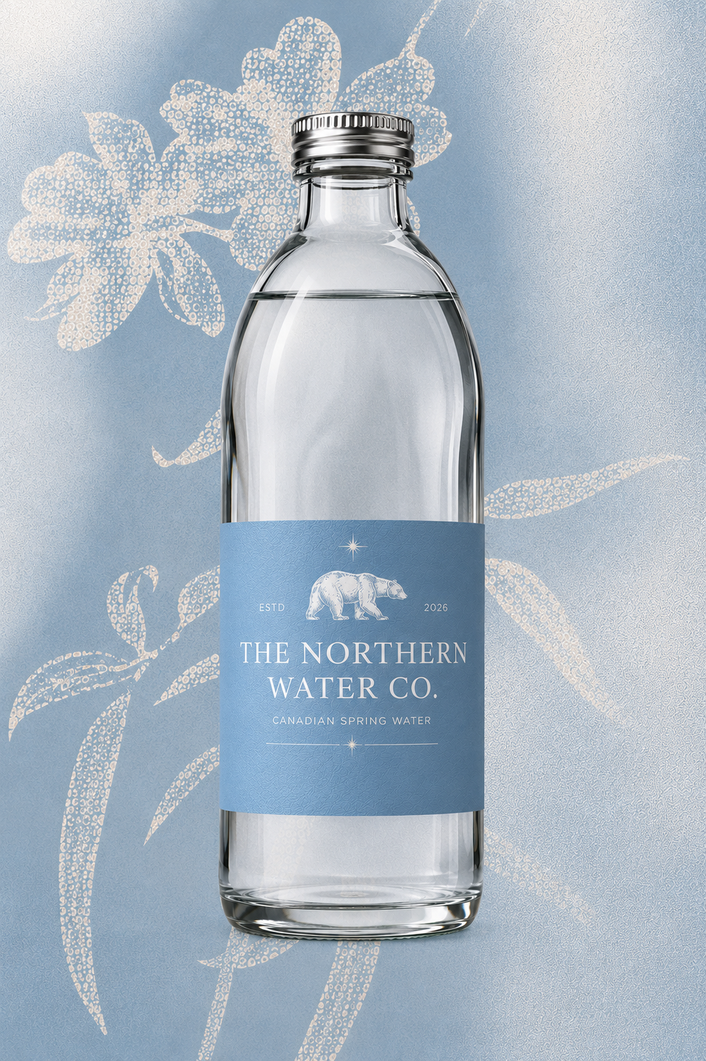 Northern Water Co. bottle on blue floral wallpaper