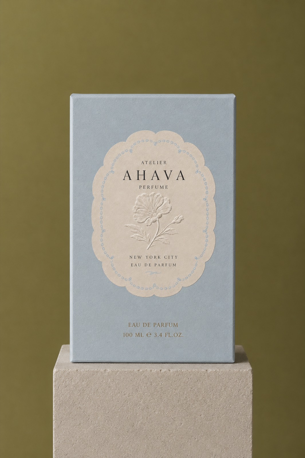 Atelier Ahava Perfume packaging box, powder blue