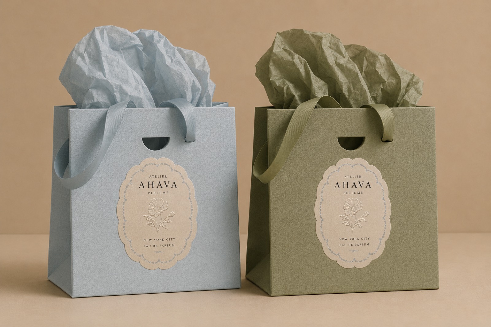 Atelier Ahava Perfume gift bags, sage and powder blue