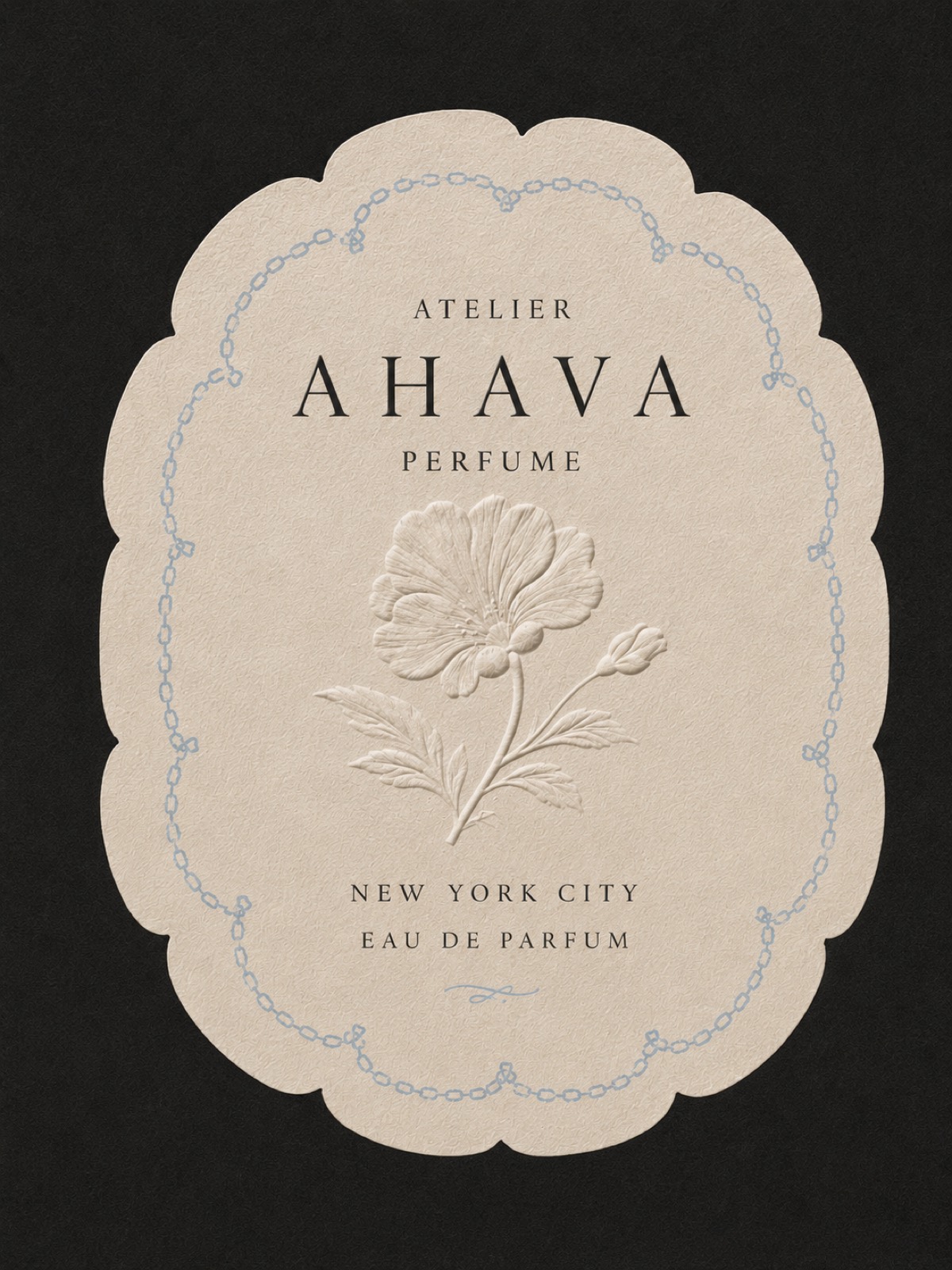 Atelier Ahava Perfume label, embossed detail