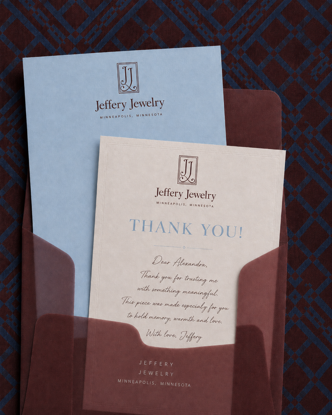 Jeffery Jewelers powder-blue and cream thank-you notes in vellum envelopes