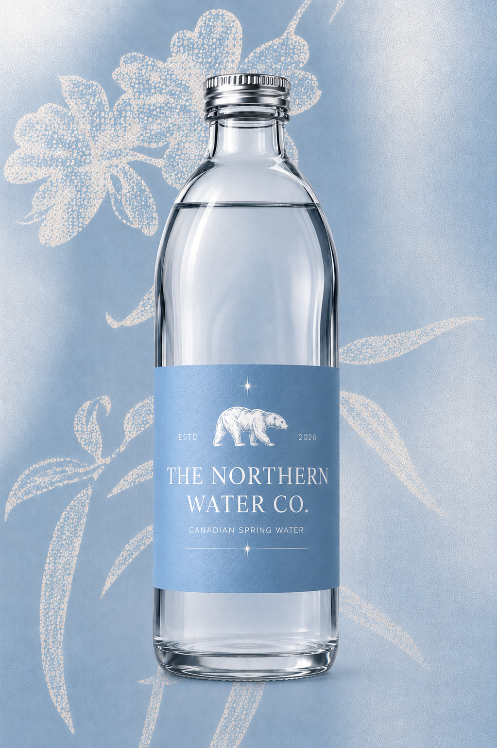 Northern Water Co. blue-label bottle on botanical wallpaper