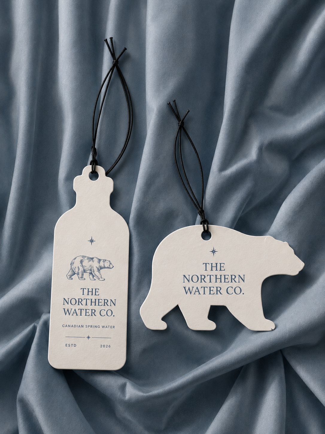 Northern Water Co. die-cut bottle and bear hang tags on satin