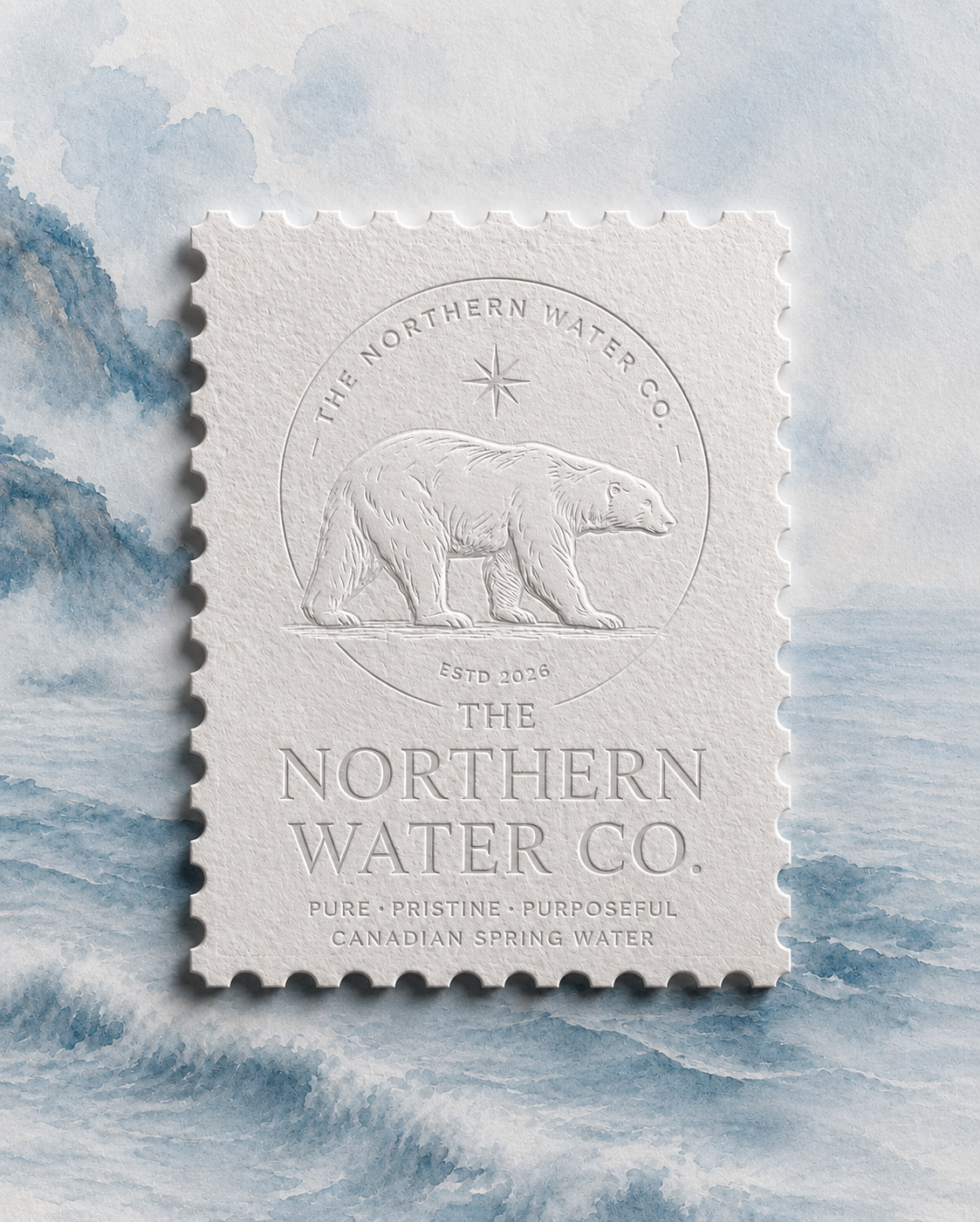 Northern Water Co. embossed postage stamp on watercolor