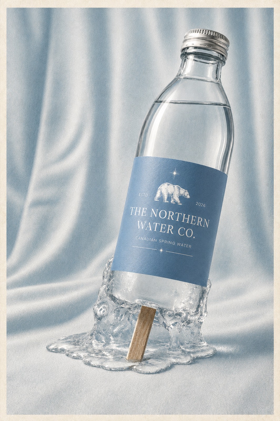 Northern Water Co. bottle, studio shot with water splash